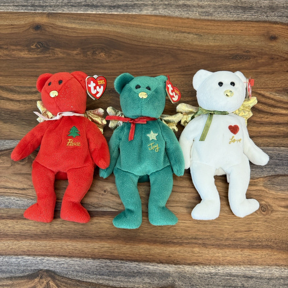 TY Beanie Babies Christmas Gift Bear Lot Peace Joy Love Red Green White Vintage - Picture 1 of 4
